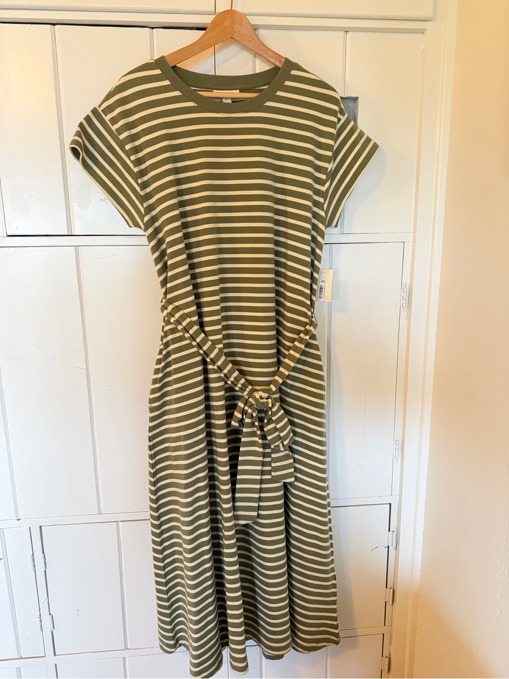 On 34th NWT Striped Olive and White Belted Midi Dress